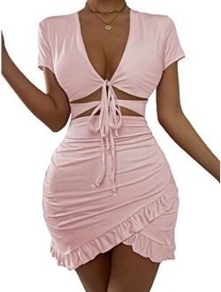 Women's Cut Out Ruffle Ruched Bodycon Mini Dress Short Sleeve Tie Front Wrap Short Dresses