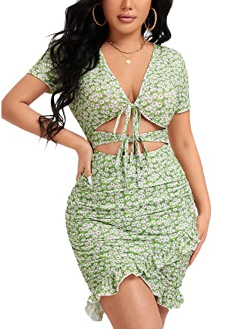 SheIn Women's Cut Out Ruffle Ruched Bodycon Mini Dress Short Sleeve Tie Front Wrap Short Dresses