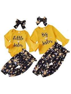 GRNSHTS Baby Girl Sister Matching Outfits Little Big Sister Prited Romper Top Floral Pants with Headband 3Pcs Outfits