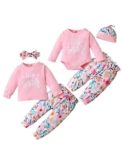 GRNSHTS Baby Girl Sister Matching Outfits Little Big Sister Prited Romper Top Floral Pants with Headband 3Pcs Outfits