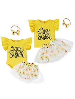 GRNSHTS Baby Girl Sister Matching Outfits Little Big Sister Romper Tops + Tulle Sunflower Diaper Shorts Skirts 3Pcs Clothes Set