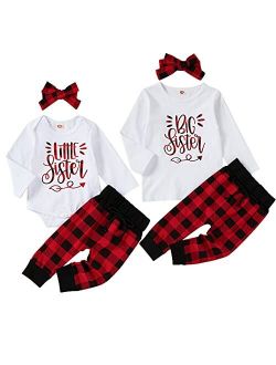 GRNSHTS Kids Toddler Baby Girl Sister Macthing Pants Set Letter Romper T-Shirt + Plaid Pants with Headband Clothes Set