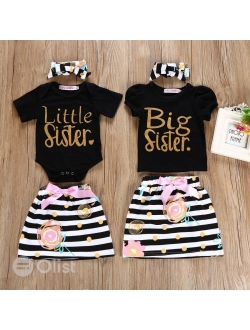 puseky Baby Girls Sister Matching Outfits Big Little Big Sister Short Sleeve Top Romper Skirt Headband 3Pcs Clothes Set