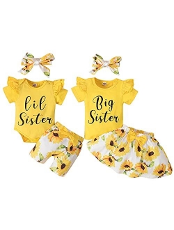 Honykids Toddler Baby Girls Sister Matching Outfits Baby Little Sister Romper Big Sister Tops + Floral Skirt Pants Clothes Set