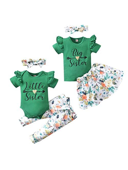 Honykids Toddler Baby Girls Sister Matching Outfits Baby Little Sister Romper Big Sister Tops + Floral Skirt Pants Clothes Set