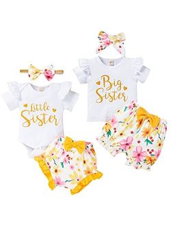 GRNSHTS Baby Girl Sister Matching Outfits Little Big Sister Romper Tops +Sunflower Diaper Shorts + Headband 3Pcs Summer Clothes Set