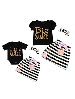 Camidy Little Big Sister Matching Romper T-Shirt Polka Dot Skirt Headband Outfits Set