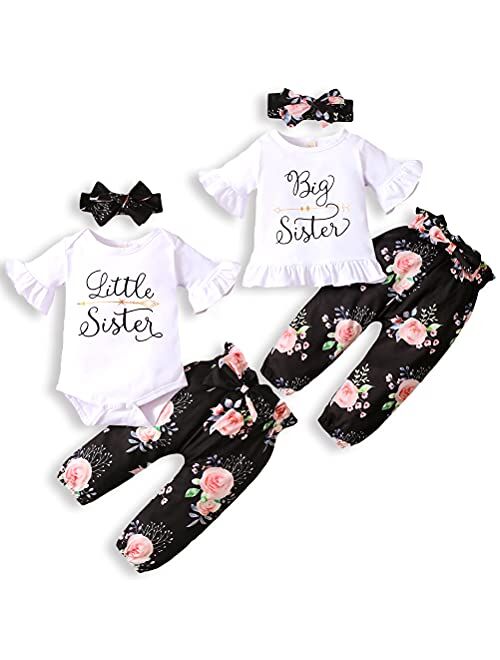 AMAWMW Big Sister Little Sister Matching Outfits Toddler Girl Clothes Newborn Baby Ruffle Romper Floral Pants Headband 3Pcs