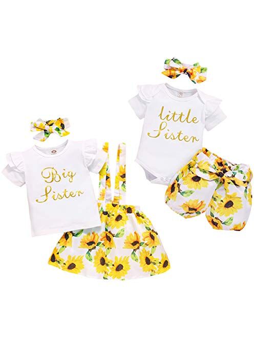 WISWELL Baby Girl Sister Matching Outfits Little Big Sister Romper Tops + Sunflower Skirt Shorts Clothes Set