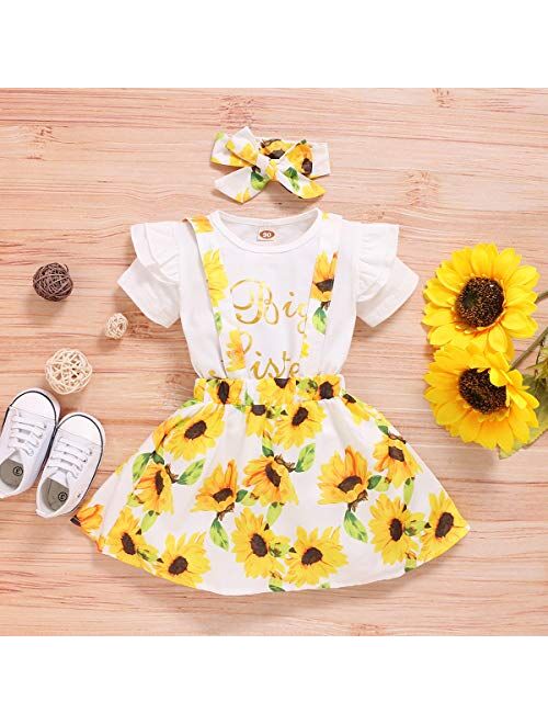 WISWELL Baby Girl Sister Matching Outfits Little Big Sister Romper Tops + Sunflower Skirt Shorts Clothes Set