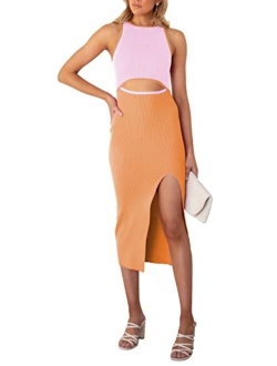 Pink Queen Women's Crew Neck Sleeveless Cutout Side Slit Knee Length Bodycon Midi Dress