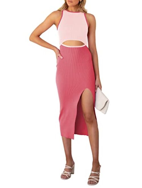 Pink Queen Women's Crew Neck Sleeveless Cutout Side Slit Knee Length Bodycon Midi Dress