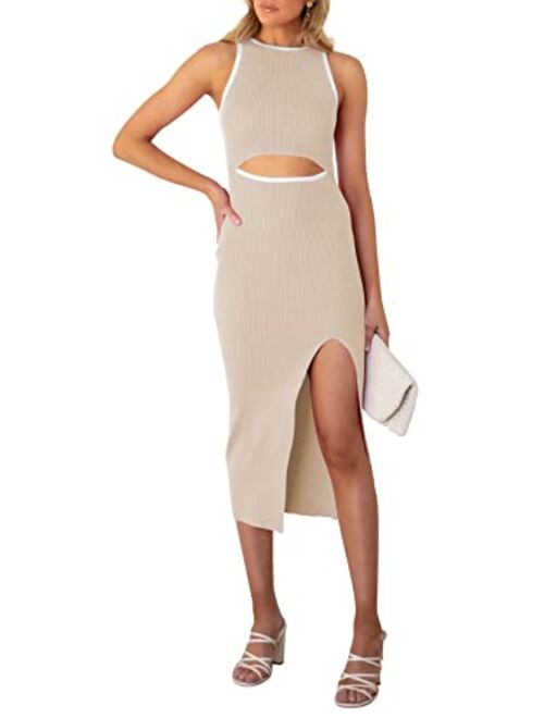 Pink Queen Women's Crew Neck Sleeveless Cutout Side Slit Knee Length Bodycon Midi Dress