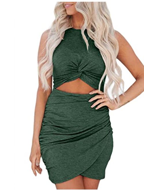 Miselon Womens Summer Ruched Bodycon Dress Crewneck Sleeveless Twist Hollow Out Sexy Tshirt Party Short Mini Dresse