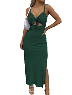 LYANER Women's Tie Knot Cut Out Side Split Hem Sleeveless Knit Bodycon Maxi Dress