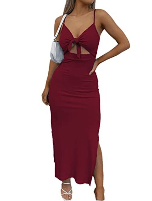 LYANER Women's Tie Knot Cut Out Side Split Hem Sleeveless Knit Bodycon Maxi Dress