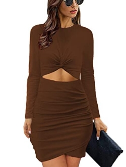 Soinku Women's Casual Ruched Bodycon Dresses Twist Knot Cutout Bodycon T Shirt Short Mini Dress