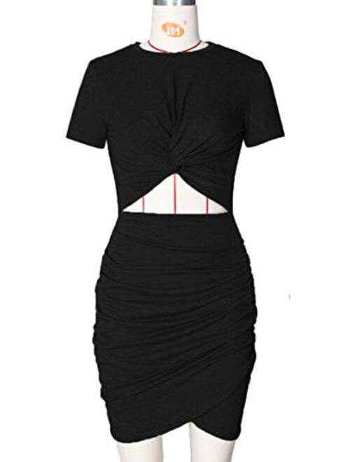 Soinku Women's Casual Ruched Bodycon Dresses Twist Knot Cutout Bodycon T Shirt Short Mini Dress