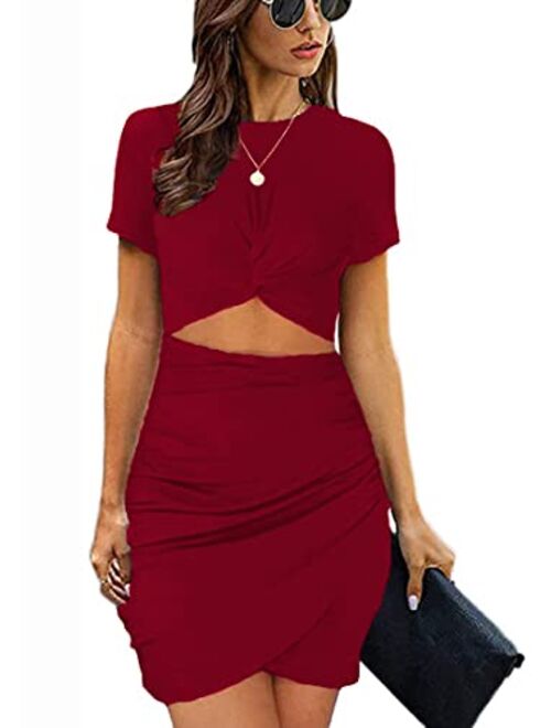 Soinku Women's Casual Ruched Bodycon Dresses Twist Knot Cutout Bodycon T Shirt Short Mini Dress