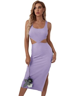 Women's Cut Out Waist Split Side Square Neck Midi Bodycon Tank Dress