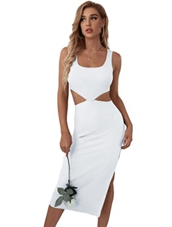 Women's Cut Out Waist Split Side Square Neck Midi Bodycon Tank Dress