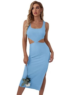 Women's Cut Out Waist Split Side Square Neck Midi Bodycon Tank Dress