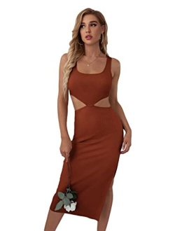 Women's Cut Out Waist Split Side Square Neck Midi Bodycon Tank Dress