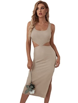 Women's Cut Out Waist Split Side Square Neck Midi Bodycon Tank Dress