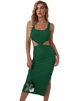 Women's Cut Out Waist Split Side Square Neck Midi Bodycon Tank Dress