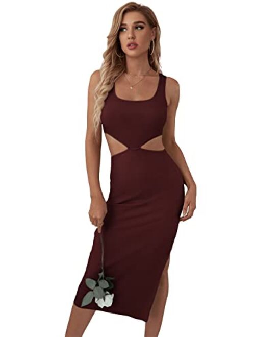 Verdusa Women's Cut Out Waist Split Side Square Neck Midi Bodycon Tank Dress