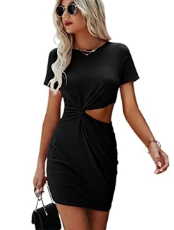 Women's Twist Front Cut Out Short Sleeve Round Neck Mini Tee Dress