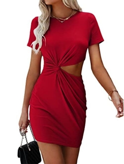 Women's Twist Front Cut Out Short Sleeve Round Neck Mini Tee Dress