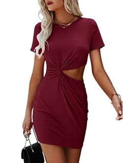 Women's Twist Front Cut Out Short Sleeve Round Neck Mini Tee Dress