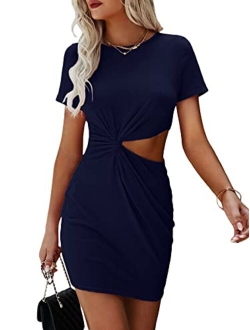 Women's Twist Front Cut Out Short Sleeve Round Neck Mini Tee Dress