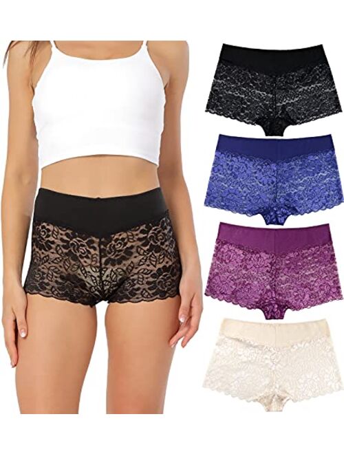 YINLANG Women's Lace Underwear High Waisted Sexy Boy Short Panties Hipster Briefs 4 Pack