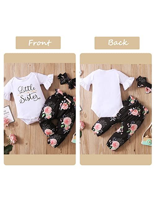 DOOLECK Little Sister Big Sister Outfits Matching Set Baby Girl Long Sleeve Ruffle Tops Romper Floral Pants Headband 3PCS Clothes Set