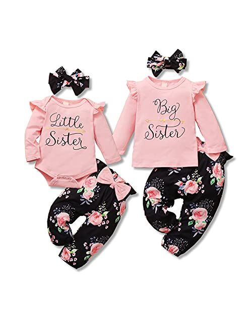 DOOLECK Little Sister Big Sister Outfits Matching Set Baby Girl Long Sleeve Ruffle Tops Romper Floral Pants Headband 3PCS Clothes Set