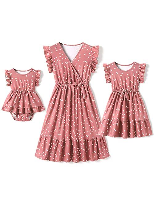 IFFEI Mommy and Me Dresses Outfits Family Matching Dots Pink Ruffle Flutter-Sleeve Dress for Mother and Daughter