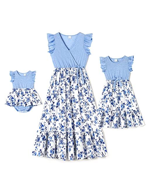 IFFEI Mommy and Me Dresses Outfits Family Matching Dots Pink Ruffle Flutter-Sleeve Dress for Mother and Daughter