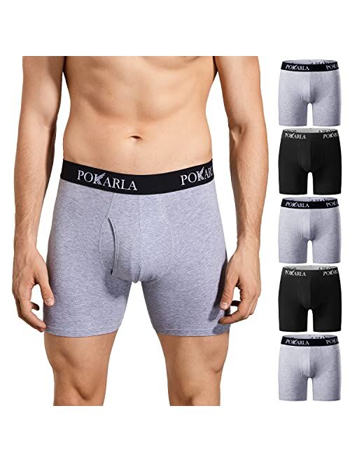 POKARLA 5 Pack Men's Stretch Boxer Briefs Soft Cotton Open Fly Tagless Underwear Regular Leg