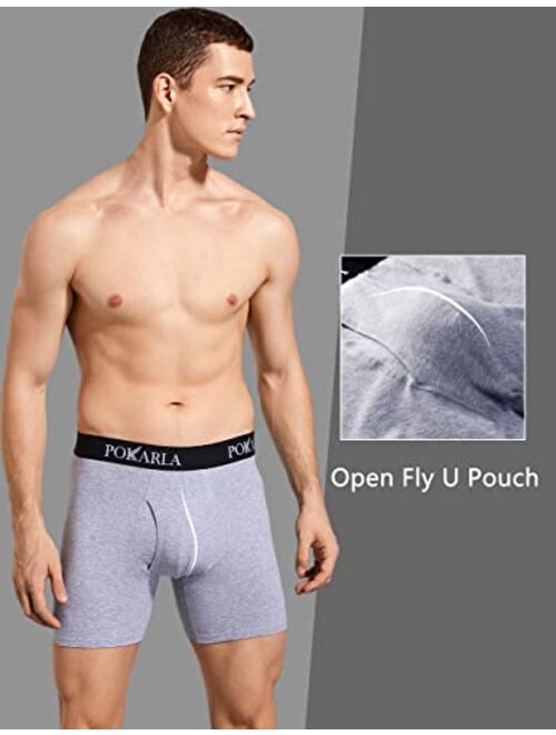 POKARLA 5 Pack Men's Stretch Boxer Briefs Soft Cotton Open Fly Tagless Underwear Regular Leg