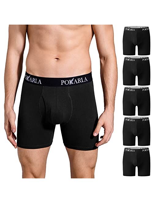 POKARLA 5 Pack Men's Stretch Boxer Briefs Soft Cotton Open Fly Tagless Underwear Regular Leg