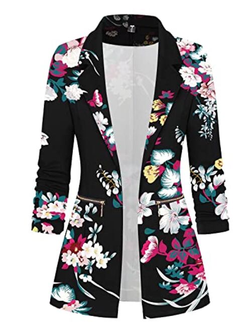 Genhoo Women's Long Sleeve Blazer Open Front Cardigan Jacket Work Office Blazer with Zipper Pockets S-2XL