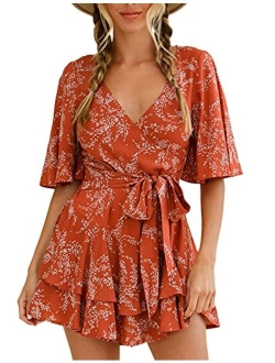 AIMCOO Womens Summer Short Flared Sleeve Romper V Neck Floral Print Jumpsuit Waist Tie Layer Ruffle Hem Dress Look Rompers