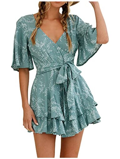 AIMCOO Womens Summer Short Flared Sleeve Romper V Neck Floral Print Jumpsuit Waist Tie Layer Ruffle Hem Dress Look Rompers