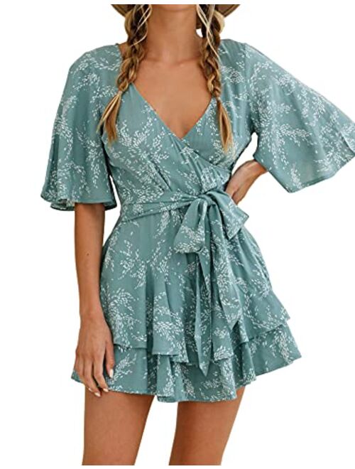 AIMCOO Womens Summer Short Flared Sleeve Romper V Neck Floral Print Jumpsuit Waist Tie Layer Ruffle Hem Dress Look Rompers