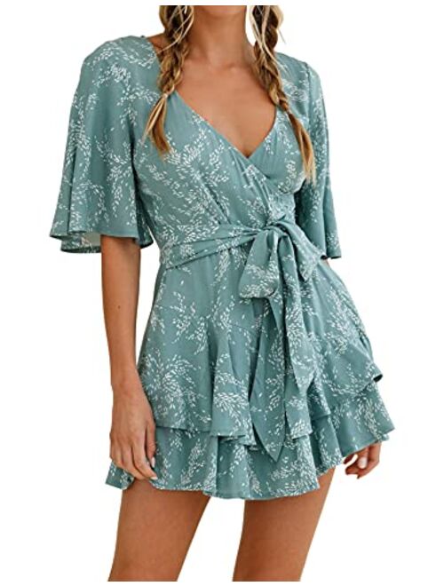 AIMCOO Womens Summer Short Flared Sleeve Romper V Neck Floral Print Jumpsuit Waist Tie Layer Ruffle Hem Dress Look Rompers