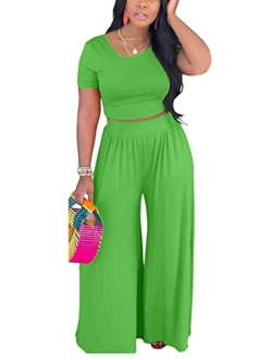 Bffbaby 2 Piece Outfits for Women Sexy Backless Short Sleeve Crop Top High Waist Wide Leg Long Pant Sets Tracksuit Sport Set
