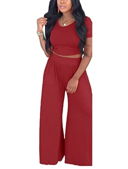 Bffbaby 2 Piece Outfits for Women Sexy Backless Short Sleeve Crop Top High Waist Wide Leg Long Pant Sets Tracksuit Sport Set