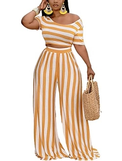 Bffbaby 2 Piece Outfits for Women Sexy Backless Short Sleeve Crop Top High Waist Wide Leg Long Pant Sets Tracksuit Sport Set